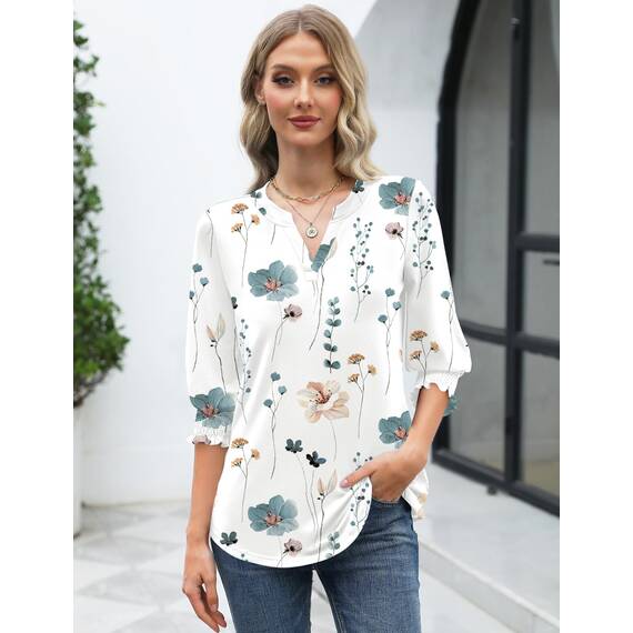 Rapbin Damen Mode Elegant Bluse 3/4 Ärmel Langerm Tunika Sommer Top Lässig Locker Oberteil Blusen 2026 (XL, Weiß Blau Blumen)