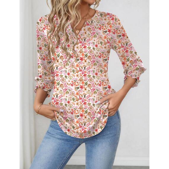 Rapbin Damen Bluse 3/4 arm Langerm V-Ausschnitt Tunika Sommer Tops Slim fit Shirt Elegant Lässig Oberteil 2026 (S, Weiß Rot Blumen)