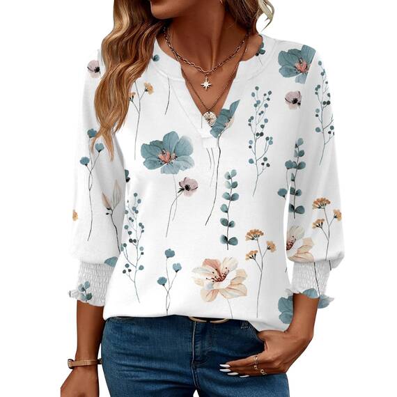 Rapbin Damen Mode Elegant Bluse 3/4 Ärmel Langerm Tunika Sommer Top Lässig Locker Oberteil Blusen 2026 (L, Weiß Blau Blumen)
