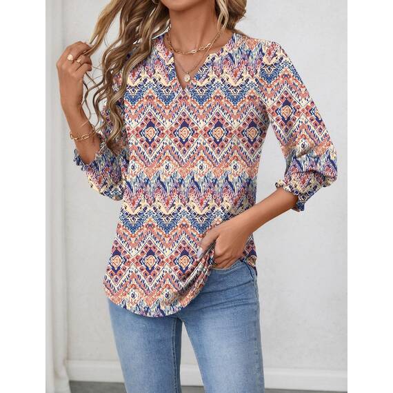 Rapbin Bluse Damen 3/4 arm langerm V-Ausschnitt Tunika Sommer Tops Locker Shirt Elegant Lässig Oberteil 2025 (XL, Böhmisches Orange)
