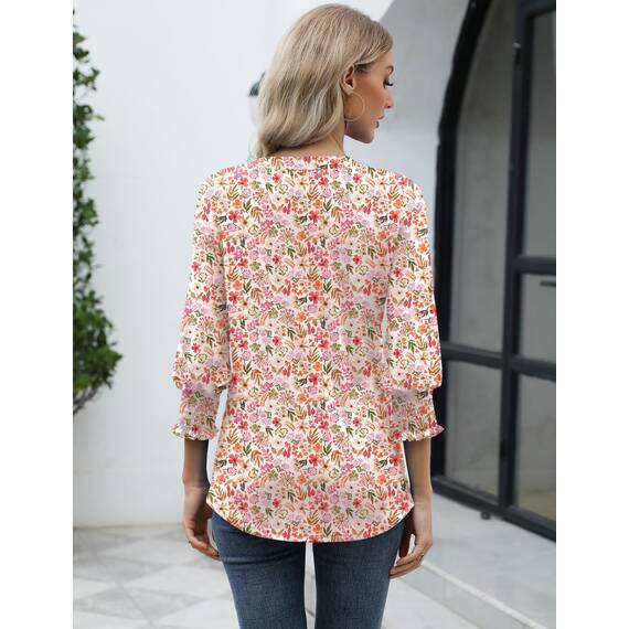 Rapbin Damen Bluse 3/4 arm Langerm V-Ausschnitt Tunika Sommer Tops Slim fit Shirt Elegant Lässig Oberteil 2026 (XL, Weiß Rot Blumen)