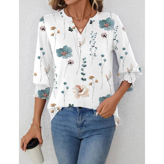Rapbin Damen Mode Elegant Bluse 3/4 Ärmel Langerm Tunika Sommer Top Lässig Locker Oberteil Blusen 2026 (M, Weiß Blau Blumen)