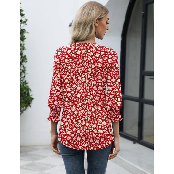 Rapbin Damen Bluse 3/4 Ärmel Langerm V-Ausschnitt Elegant Tunika Sommer Tops Locker Shirt Lässig Oberteil 2026 (M, Rote Aprikosenblüte)