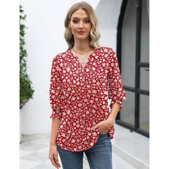 Rapbin Damen Bluse 3/4 Ärmel Langerm V-Ausschnitt Elegant Tunika Sommer Tops Locker Shirt Lässig Oberteil 2026 (M, Rote Aprikosenblüte)