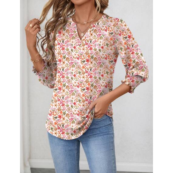 Rapbin Damen Bluse 3/4 arm Langerm V-Ausschnitt Tunika Sommer Tops Slim fit Shirt Elegant Lässig Oberteil 2026 (M, Weiß Rot Blumen)