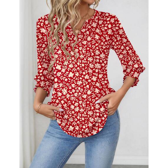 Rapbin Damen Bluse 3/4 Ärmel Langerm V-Ausschnitt Elegant Tunika Sommer Tops Locker Shirt Lässig Oberteil 2026 (L, Rote Aprikosenblüte)