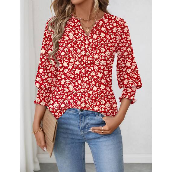 Rapbin Damen Bluse 3/4 Ärmel Langerm V-Ausschnitt Elegant Tunika Sommer Tops Locker Shirt Lässig Oberteil 2026 (XXL, Rote Aprikosenblüte)