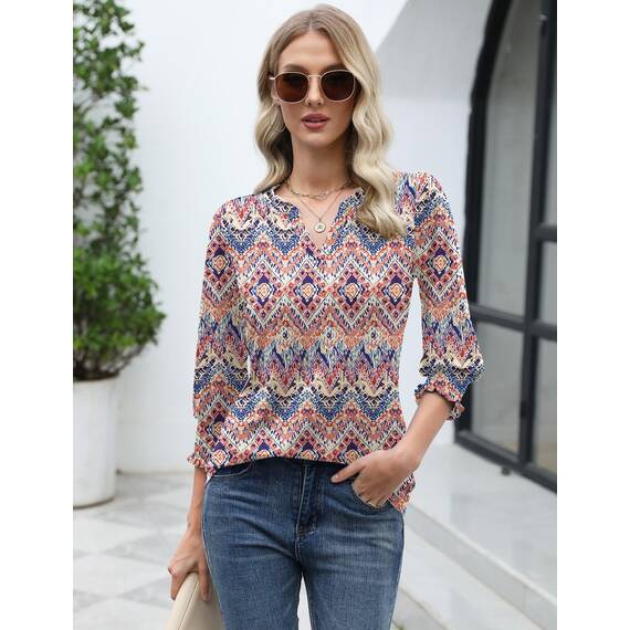 Rapbin Bluse Damen 3/4 arm langerm V-Ausschnitt Tunika Sommer Tops Locker Shirt Elegant Lässig Oberteil 2025 (XL, Böhmisches Orange)