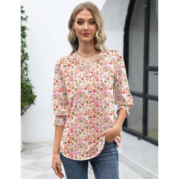 Rapbin Damen Bluse 3/4 arm Langerm V-Ausschnitt Tunika Sommer Tops Slim fit Shirt Elegant Lässig Oberteil 2026 (S, Weiß Rot Blumen)