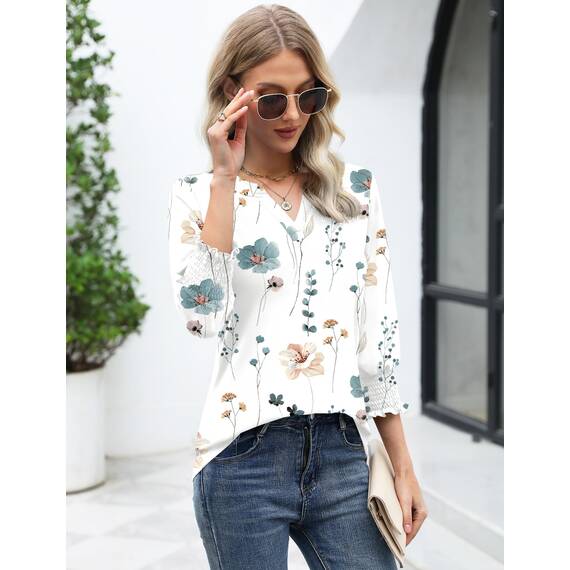 Rapbin Damen Mode Elegant Bluse 3/4 Ärmel Langerm Tunika Sommer Top Lässig Locker Oberteil Blusen 2026 (S, Weiß Blau Blumen)