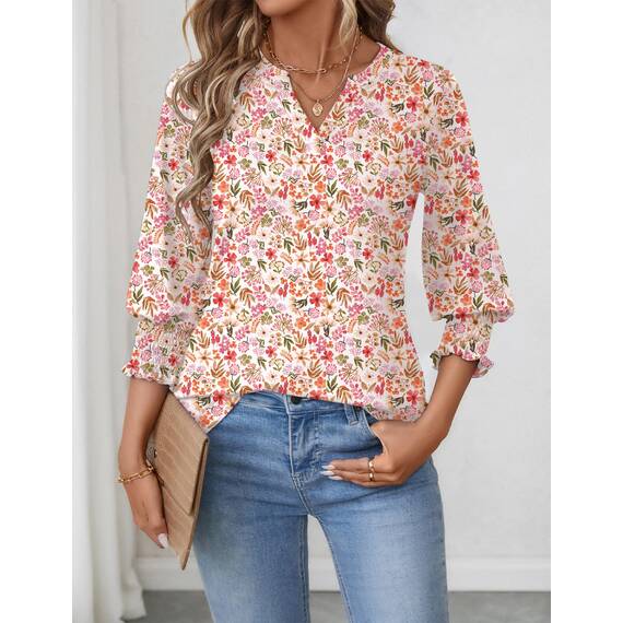 Rapbin Damen Bluse 3/4 arm Langerm V-Ausschnitt Tunika Sommer Tops Slim fit Shirt Elegant Lässig Oberteil 2026 (M, Weiß Rot Blumen)