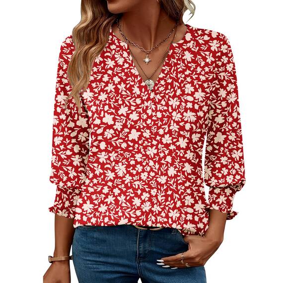 Rapbin Damen Bluse 3/4 Ärmel Langerm V-Ausschnitt Elegant Tunika Sommer Tops Locker Shirt Lässig Oberteil 2026 (XXL, Rote Aprikosenblüte)