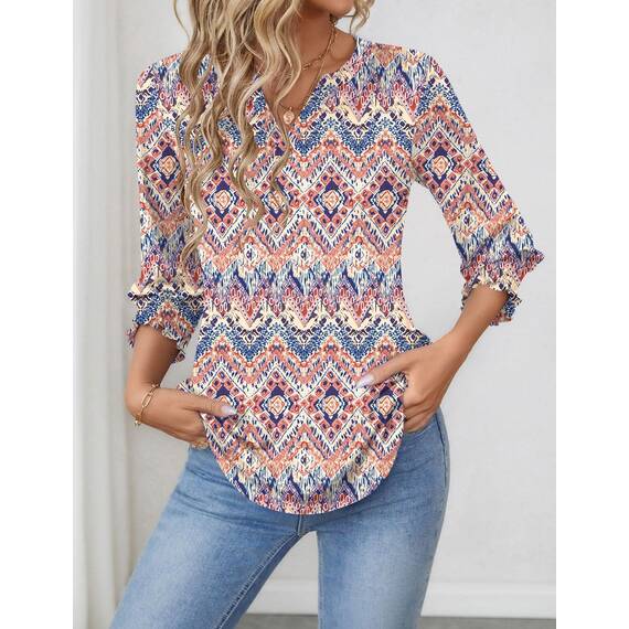 Rapbin Bluse Damen 3/4 arm langerm V-Ausschnitt Tunika Sommer Tops Locker Shirt Elegant Lässig Oberteil 2025 (M, Böhmisches Orange)