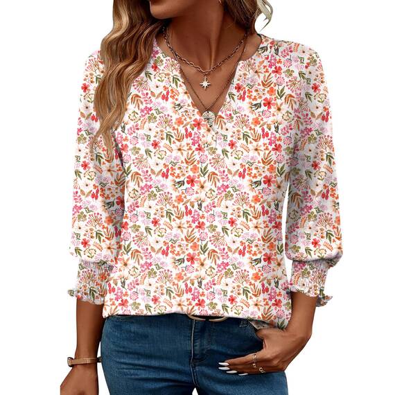 Rapbin Damen Bluse 3/4 arm Langerm V-Ausschnitt Tunika Sommer Tops Slim fit Shirt Elegant Lässig Oberteil 2026 (XL, Weiß Rot Blumen)