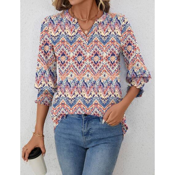 Rapbin Bluse Damen 3/4 arm langerm V-Ausschnitt Tunika Sommer Tops Locker Shirt Elegant Lässig Oberteil 2025 (M, Böhmisches Orange)