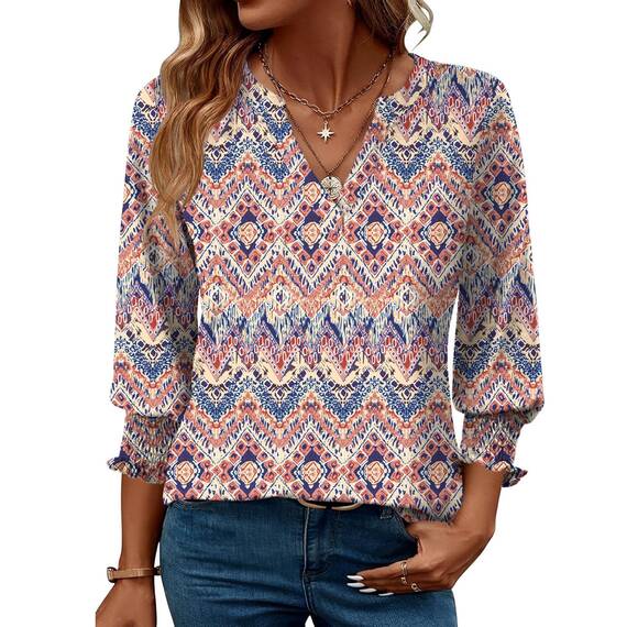 Rapbin Bluse Damen 3/4 arm langerm V-Ausschnitt Tunika Sommer Tops Locker Shirt Elegant Lässig Oberteil 2025 (M, Böhmisches Orange)
