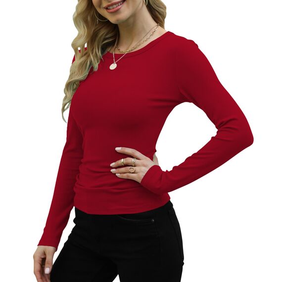 DUOEASE Langarmshirt Damen Basic Longsleeve Elegant Langarm Oberteile Rippshirt Tshirts Tops（Rot,M