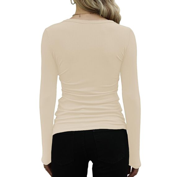 DUOEASE Langarmshirt Mit Rippenbündchen Damen Rundhal Pullover Elegant Oberteile Gerippt Tshirts Basic Tops（Cremeweiß,M