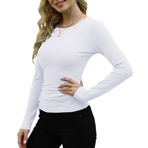 DUOEASE Langarmshirt Damen Basic Weiß Longsleeve Elegant Langarm Oberteile Rippshirt Tshirts Tops XS