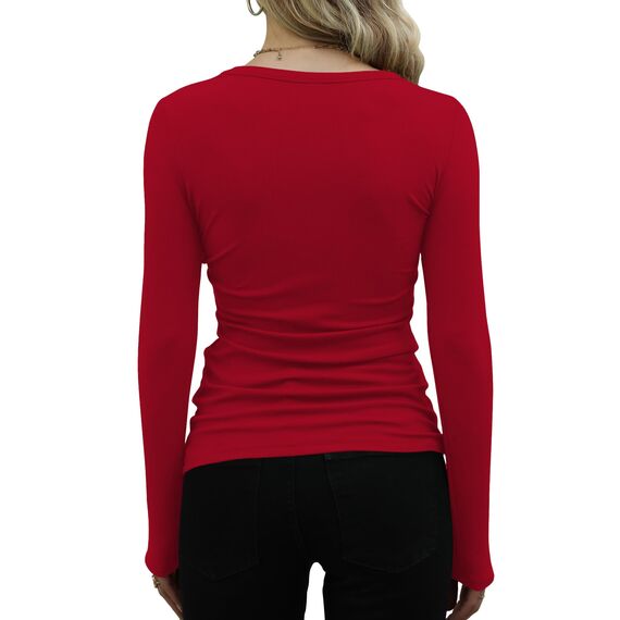 DUOEASE Langarmshirt Damen Basic Longsleeve Elegant Langarm Oberteile Rippshirt Tshirts Tops（Rot,M