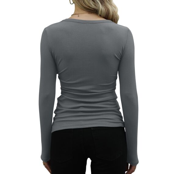 Basic T-Shirt Damen Mit Langen Ärmeln Elegant Rippshirt Pullover Herbst（Dunkelgrau，XL