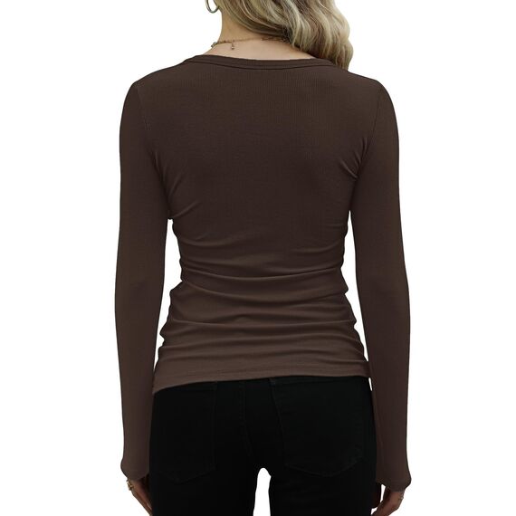 Basic T-Shirt Damen Mit Langen Ärmeln Elegant Rippshirt Pullover Herbst（Braun，XL
