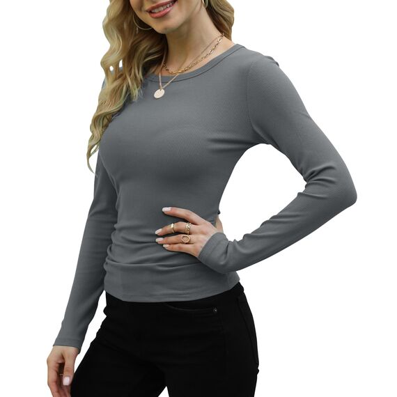 DUOEASE Langarmshirt Damen Basic Longsleeve Elegant Langarm Oberteile Rippshirt Tshirts Tops（Dunkelgrau,XS