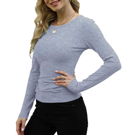 DUOEASE Basic T-Shirt Damen Mit Langen Ärmeln Elegant Rippshirt Pullover Herbst（Himmelblau，XL