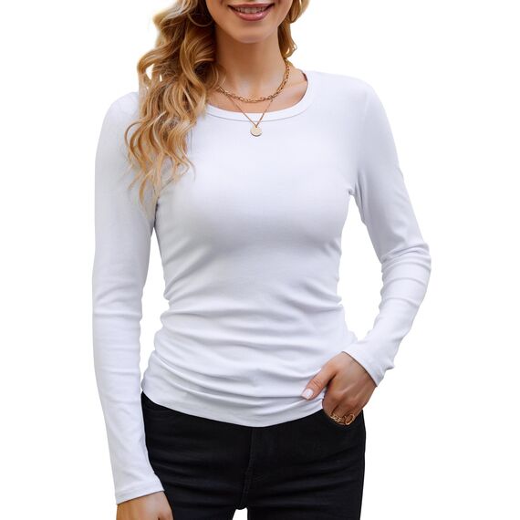 DUOEASE Langarmshirt Mit Rippenbündchen Damen Weiß Rundhal Pullover Elegant Oberteile Gerippt Tshirts Basic Tops Medium