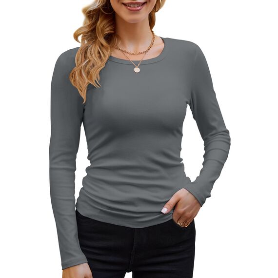 DUOEASE Langarmshirt Damen Basic Longsleeve Elegant Langarm Oberteile Rippshirt Tshirts Tops（Dunkelgrau,XS