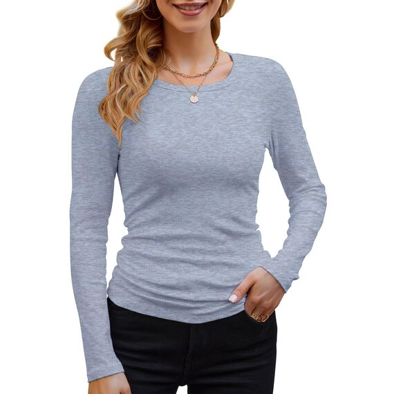 DUOEASE Langarmshirt Mit Rippenbündchen Damen Rundhal Pullover Elegant Oberteile Gerippt Tshirts Basic Tops（Himmelblau,M