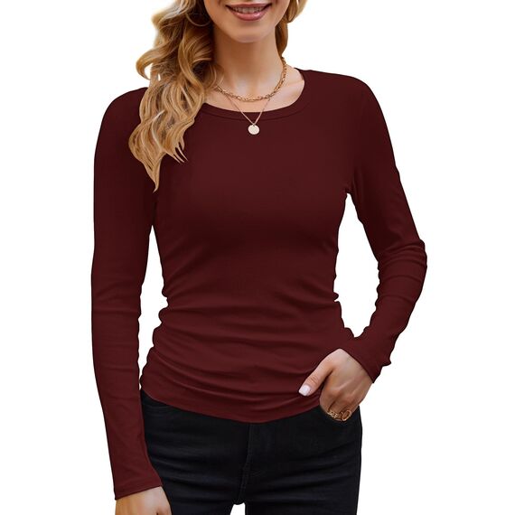 Basic T-Shirt Damen Mit Langen Ärmeln Elegant Rippshirt Pullover Herbst（Weinrot，XL