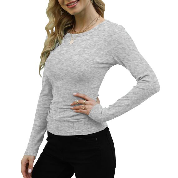 DUOEASE Basic T-Shirt Damen Mit Langen Ärmeln Elegant Rippshirt Pullover Herbst（Stelle Grau，XL