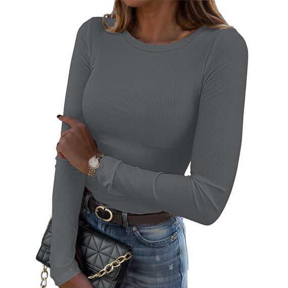 DUOEASE Langarmshirt Damen Basic Longsleeve Elegant Langarm Oberteile Rippshirt Tshirts Tops（Dunkelgrau,XS