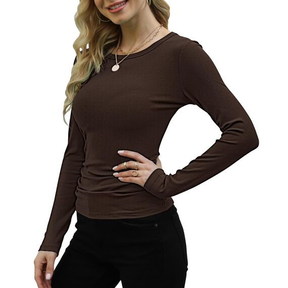 DUOEASE Langarmshirt Damen Basic Longsleeve Elegant Langarm Oberteile Rippshirt Tshirts Tops（Braun,XS
