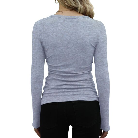 DUOEASE Basic T-Shirt Damen Mit Langen Ärmeln Elegant Rippshirt Pullover Herbst（Himmelblau，XL