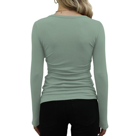 DUOEASE Langarmshirt Damen Basic Longsleeve Elegant Langarm Oberteile Rippshirt Tshirts Tops（Lichtgrün,XS