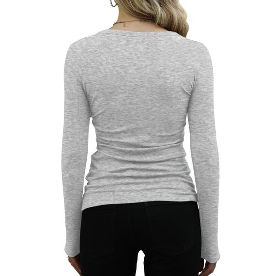 DUOEASE Basic T-Shirt Damen Mit Langen Ärmeln Elegant Rippshirt Pullover Herbst（Stelle Grau，XL