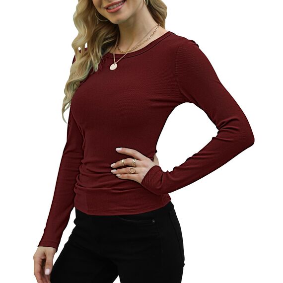 DUOEASE Langarmshirt Damen Basic Longsleeve Elegant Langarm Oberteile Rippshirt Tshirts Tops（Weinrot,XS