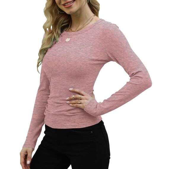 DUOEASE Basic T-Shirt Damen Mit Langen Ärmeln Elegant Rippshirt Pullover Herbst（Rosa，XL