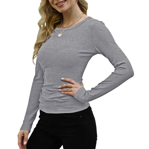 DUOEASE Langarmshirt Damen Basic Longsleeve Elegant Langarm Oberteile Rippshirt Tshirts Tops（Grau,XS
