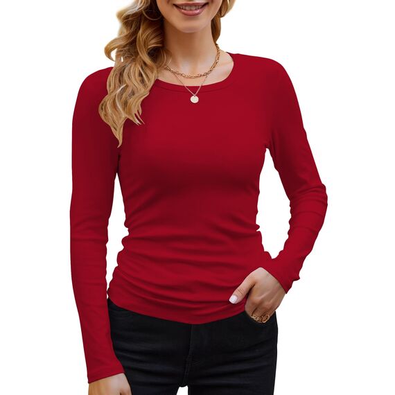 DUOEASE Langarmshirt Damen Basic Longsleeve Elegant Langarm Oberteile Rippshirt Tshirts Tops（Rot,M