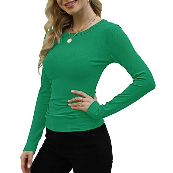 Basic T-Shirt Damen Mit Langen Ärmeln Elegant Rippshirt Pullover Herbst（Grün，XL
