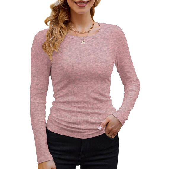 DUOEASE Langarmshirt Damen Basic Longsleeve Elegant Langarm Oberteile Rippshirt Tshirts Tops（Rosa,XS