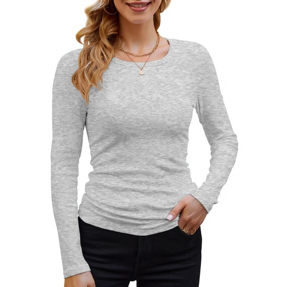 DUOEASE Langarmshirt Damen Basic Longsleeve Elegant Langarm Oberteile Rippshirt Tshirts Tops（Stelle Grau,S