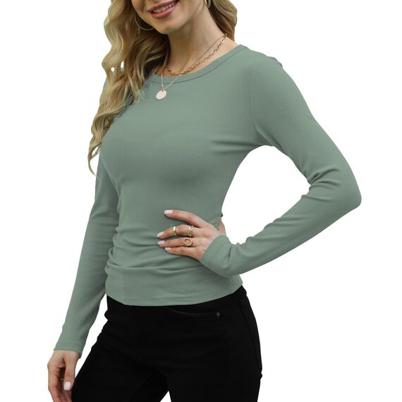 DUOEASE Langarmshirt Damen Basic Longsleeve Elegant Langarm Oberteile Rippshirt Tshirts Tops（Lichtgrün,XS