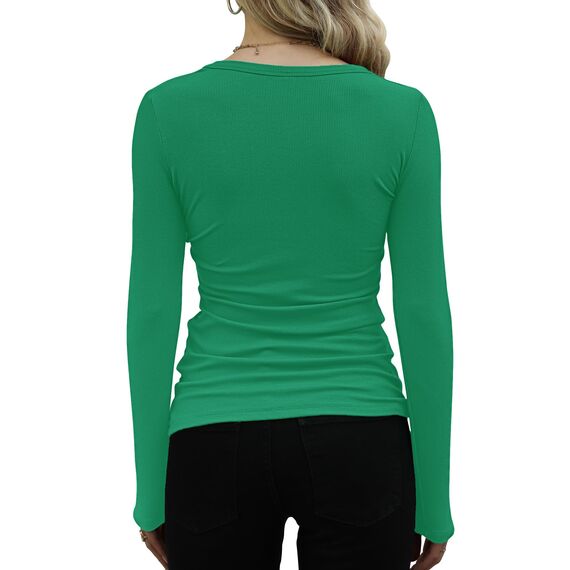 Basic T-Shirt Damen Mit Langen Ärmeln Elegant Rippshirt Pullover Herbst（Grün，XL