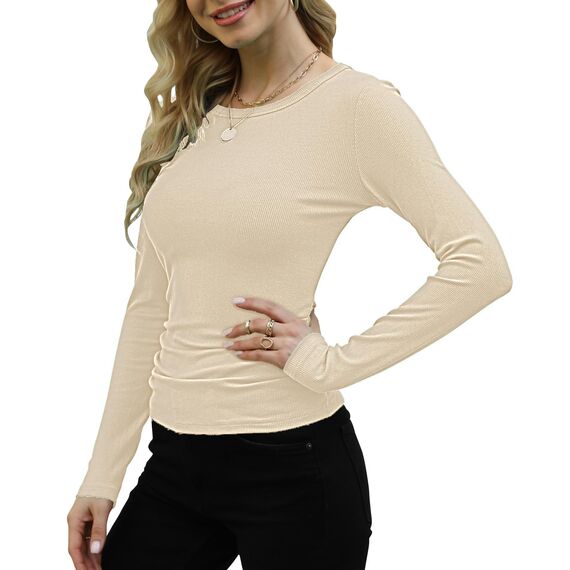 DUOEASE Langarmshirt Mit Rippenbündchen Damen Rundhal Pullover Elegant Oberteile Gerippt Tshirts Basic Tops（Cremeweiß,M