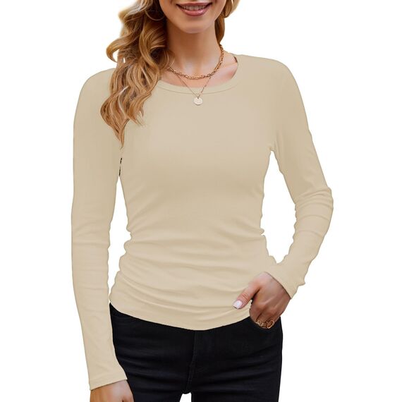 DUOEASE Langarmshirt Damen Basic Longsleeve Elegant Langarm Oberteile Rippshirt Tshirts Tops（Cremeweiß,S