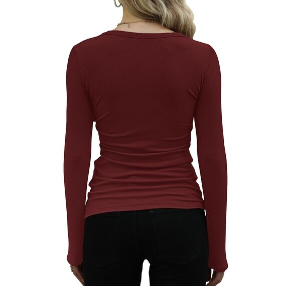 DUOEASE Langarmshirt Mit Rippenbündchen Damen Rundhal Pullover Elegant Oberteile Gerippt Tshirts Basic Tops（Weinrot,M
